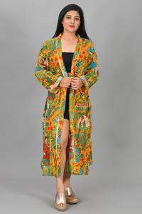 Albornoz de algodón indio elegante con cuello en V, kimono floral multicolor, ropa de dormir bohemia hecha a mano, bata de verano con cordón, venta al por mayor - Product Image 2