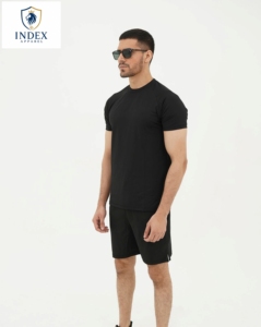 INDEX APPAREL Conjunto de Camiseta de Cuello Redondo Negra para Hombre, de Algodón Tejido, Informal, de Verano, de 2 Piezas, Color Sólido, Manga Corta, Pantalones Cortos - Product Image 1