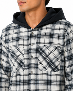 Chemise-veste en flanelle à carreaux pour homme, à capuche, manches longues, surchemise contrastante noire, fermeture boutonnée sur le devant, 6XL, polyester - Product Image 4