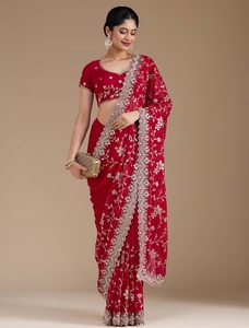 Sari en georgette KV pour femme avec broderie Zari (dorée) et chemisier non cousu - Product Image 4