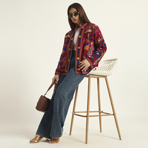 <b>Women</b> Red Floral Suzani Embroidered Cotton <b>Velvet</b> Breathable <b>Jacket</b> Bohemian Open Front Prairie Chic Style Full Sleeve Winter - Product Image 6