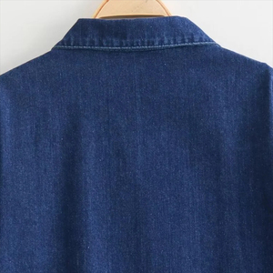 Chemise en jean délavé pour femme, style vintage, tissée, mode hiver, à revers, avec nœud décoratif, manches longues et poches, décontractée - Product Image 5