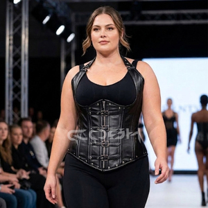 Premium Quality Underbust Steelboned Black Leather Neck Halter <b>Corset</b> With Front Buckles And Zipper Closure - Product Image 2