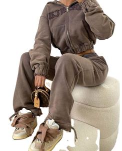 2024 nouveau Street Wear personnalisé Patch broderie lavé recadrée surdimensionné en détresse fermeture éclair à capuche ensemble Joggers femmes - Product Image 5