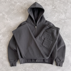 Ensemble de survêtement unisexe gris à capuche avec fermeture éclair intégrale, sweat-shirt et pantalon en coton, couleur unie décontractée, coupe ample, pour l'automne - Product Image 3