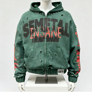 Vente en gros de sweats à capuche pour hommes en molleton épais vintage, style hip-hop, avec strass, effet vieilli, unis, personnalisables, délavés à la pierre et découpés au laser - Product Image 4