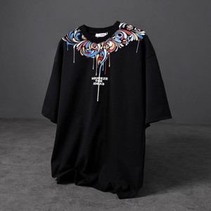 เสื้อยืดโอเวอร์ไซส์สีดำสำหรับผู้ชาย ผ้าฝ้าย พิมพ์ลายเปลวไฟสีขาว คอกลม สตรีทแวร์ แขนสั้น ผ้าเจอร์ซีย์ถักลาย - Product Image 2