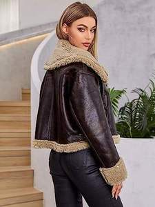 <b>Women's</b> Genuine Leather <b>Racer</b> <b>Jacket</b> Solid Color Zipper Closure Sherpa Lined Fur Trim Autumn Winter Outerwear Regular Length - Product Image 4