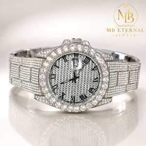 Montre de luxe MB ETERNAL sertie de diamants, mouvement à quartz, boîtier rond en acier inoxydable de 38 mm, affichage analogique à chiffres romains, fermoir déployant - Product Image 1