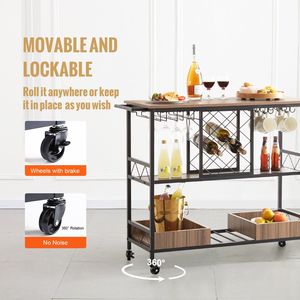 Industrial 3-Tier <b>Bar</b> Cart with Lockable Wheels 300 LBS Serving & Beverage Station Home Use Mobile Alcohol <b>Drink</b> Wine Rack Cart - Product Image 4