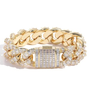 Pulsera de Cadena de Eslabones Cubanos con Baño de Oro y Cristales Baguette de Plata 925, Estilo Hip Hop de Lujo para Unisex - Product Image 1