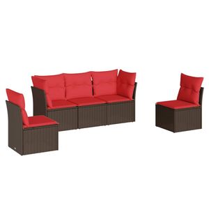 Set di divani da giardino in polyrattan marrone da 5 pezzi con cuscini, mobili da esterno resistenti - Product Image 2