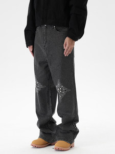 Jean en denim coupe droite pour homme, broderie à pois et sequins, coupe ample, style streetwear, coton mi-lourd, style automne - Product Image 2
