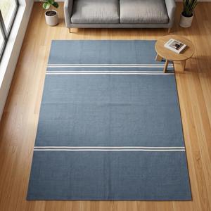 Tapis Kilim Classique en Laine Tissé à la Main, Bleu Ardoise, Bordure Unie Ivoire, Design Moderne, Antidérapant, Poil Moyen - Product Image 1