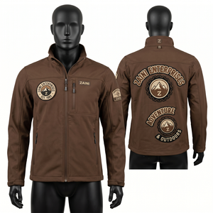 Veste Softshell Homme 340 GSM en Polyester Spandex Premium Marron avec Panneau de Joke, Broderie Personnalisée, Écusson Tissé, Fermeture Éclair, OEM - Product Image 1