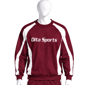 Sweat-shirt à panneaux contrastés bordeaux pour homme, col rond, manches longues, pull athlétique, décontracté, entraînement, gym, fitness, vêtements de sport personnalisés - Product Image 1