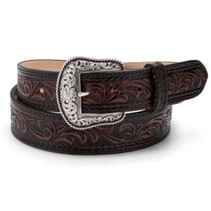 Cinturón occidental de cuero genuino para hombre con diseño floral hecho a mano o grabado y hebilla extraíble con acabado plateado - Product Image 1