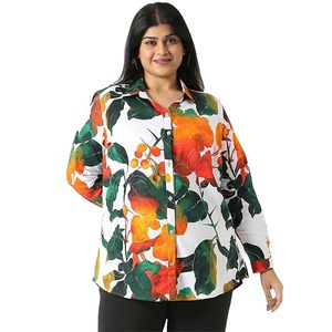Camisa de algodón de talla grande para mujer – Camisa informal con botones y estampado digital tropical para mujer - Product Image 1