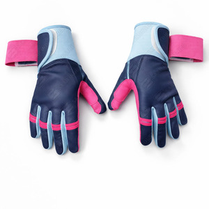 Guantes de Bateo de Cuero Genuino de Vaca en Rosa y Azul Marino con Ribete Azul y Cierre de Gancho y Bucle para Entrenamiento, Unisex, Adulto - Product Image 3