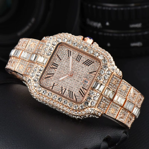 Montre carrée en moissanite, chiffres romains, mouvement à quartz analogique japonais, 41 mm, acier inoxydable, style vintage de luxe - Product Image 2