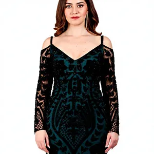 Robe longue de soirée élégante vert foncé à sequins, de luxe, à épaules dénudées, manches longues, ornée à la main, coupe sirène, pour soirée formelle et bal de promo - Product Image 6