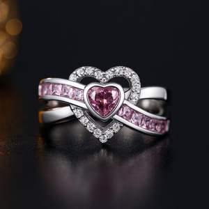 Bague de fiançailles romantique en moissanite rose en forme de cœur, style double halo en argent 925, pour les amoureux - Product Image 3