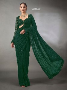 ชุดส่าหรีลูกไม้ปักเลื่อมสีดำ แขนยาว สไตล์อินเดีย-ปากีสถาน สำหรับงานแต่งงาน งานเลี้ยง ชุดยาวคลุมเท้า ทันสมัย สวยสง่า สำหรับผู้หญิง - Product Image 4