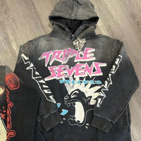 Hoodie Pria Hitam Acid Wash dengan Cetakan Anime Triple Sevens, Gaya Y2k Gothic Punk Streetwear, Sweatshirt Fleece