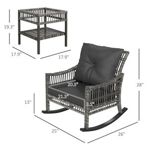 Set di 3 sedie a dondolo da esterno in rattan PE grigio resistente alle intemperie con piano del tavolo in vetro temperato e struttura in ferro - Product Image 3