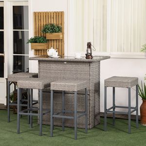High Top 5-Piece Outdoor Bar <b>Set</b> Rattan Wicker <b>Table</b> <b>and</b> Chairs with 4 Gray Bar <b>Stools</b> 2 Shelves PE Material for Hospital Use - Product Image 2