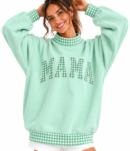 Wholesale <b>Women</b>’s <b>Christmas</b> Mock Neck <b>Sweatshirt</b> Custom Gingham Plaid Patchwork Embroidered Letter Oversized Casual Fleece - Product Image 4