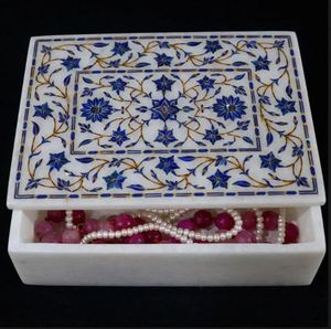 Caja de Joyería de Mármol Floral de Lapislázuli de Lujo, Caja Rectangular Hecha a Mano con Piedra Dura y Tapa - Product Image 1