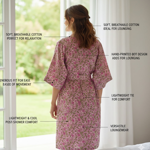 ชุดกิโมโนผ้าฝ้ายสำหรับผู้หญิง คอวี แขนยาว ชุดนอนยาว มีกระเป๋าหน้า 2 ช่อง ประดับพู่ห้อย พร้อมเชือกผูกเอว - Product Image 6