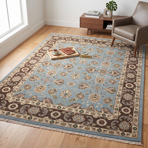 Alfombra Schumack de Lana Anudada a Mano, Estilo Sultanabad, 9x12, Azul Cielo y Marrón Chocolate, Diseño Floral Tradicional - Product Image 1