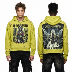 Sweat-shirt à capuche pour homme gris délavé à l'acide, motif squelette horloger, vintage, oversize, graphique steampunk, effet usé, streetwear, en gros - Product Image 3