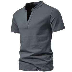 Camiseta de Manga Corta con Cuello Henley para Hombre, Color Sólido, Informal, Transpirable, de Algodón Tejido, para Verano - Product Image 3
