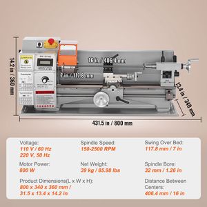 Tornio da banco compatto di precisione da 800W per la lavorazione dei metalli, 7FT x 16FT, velocità variabile 150-2500 RPM, include macchinari per metallurgia. - Product Image 2