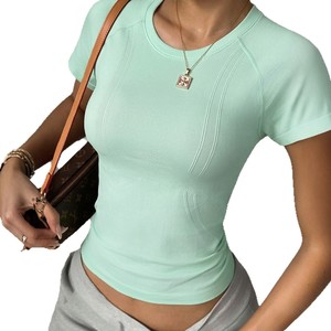 Crop top blanc pour femme, manches courtes, col rond, coupe ajustée, tricoté en coton et élasthanne, décontracté, printemps-été, couleur unie - Product Image 3