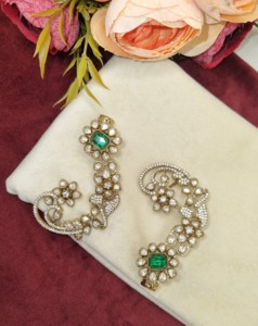 Pendientes de lujo con corte radiante, gemas Kundan y motivos florales para mujer, colección de joyería artificial de imitación festiva para mujer - Product Image 6