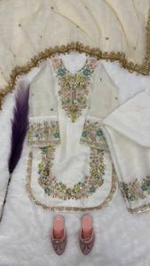 Ensemble Salwar Kameez pour filles en coton de soie GMY pur, broderie florale blanche, coupe régulière, traditionnel, séchage rapide, costume pakistanais - Product Image 4
