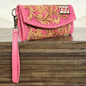 OEM ODM Hand Tooled Leather Clutch for Women's Floral & 777 Design Cowhide Fur Leather Card Holder Luxury Wristlet Wallet <b>Purses</b> - Product Image 4
