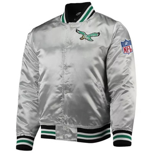 Custom Silver Satin Varsity <b>Jacket</b> <b>Men</b> <b>White</b> Logo Embroidery Bomber <b>Jacket</b> Wholesale Letterman Baseball Uniform Sportswear - Product Image 1