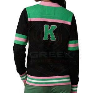 Cárdigan OEM de la hermandad griega AKA, verde y rosa, texturizado, para mujer, con logotipo bordado, botones frontales, cárdigan universitario de fraternidad. - Product Image 5
