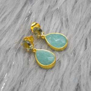 Amazonite Green 925 <b>Sterling</b> <b>Silver</b> 14K Gold Plated Teardrop <b>Dangle</b> <b>Earrings</b> For Women - Product Image 2