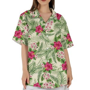 Tropical <b>Hawaiian</b> Floral Print Shirt for Women Loose Fit Long Casual Button Down Short Sleeve Boho Summer Shirt with Rhinestone - Product Image 2