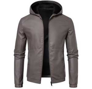 <b>Men's</b> <b>Leather</b> Waterproof Stand Collar Moto <b>Jacket</b> Zipper Closure Slim Fit Windproof Autumn Style Solid Color Regular Length - Product Image 5