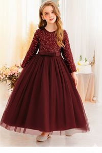 Robe de soirée princesse en velours bordeaux brodée de sequins et de dentelle douce à col en V pour filles, vente en gros OEM ODM - Product Image 3