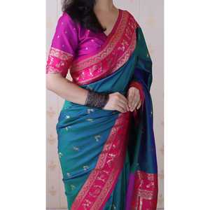 Green Soft Silk Zari Woven <b>Warli</b> Art Traditional Saree Indian & Pakistani Clothing by Elite Weaves 600g - Product Image 3