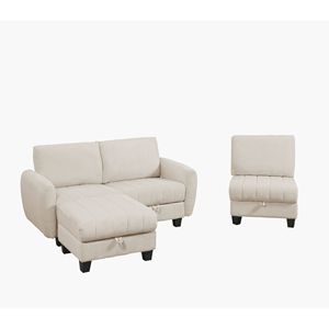 Divano in Tessuto Corduroy Beige e Bianco con Pouf, Elegante Arredamento per Soggiorno - Product Image 5