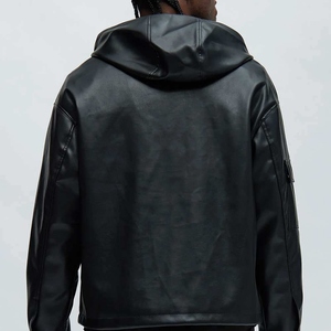 Sweat à capuche en cuir pour homme, personnalisé, marque privée, coupe oversize, hiver, en cuir véritable, design vintage, molleton uni teint - Product Image 5